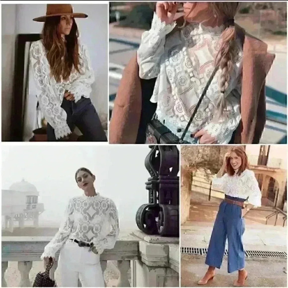 Restocking White Lace High Neck Long Sleeve Shirt - Picture 8 of 11